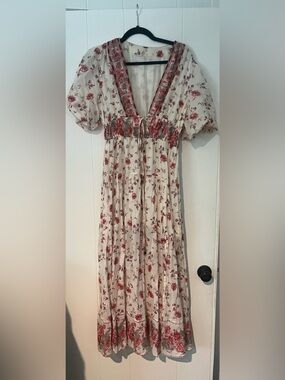 Free People Floral Deep V Maxi Dress with cinch waist and puff short sleeves- sm